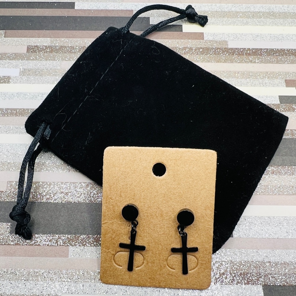 Black Cross Hanging posts can be worn in front or behind the ear. Solid black